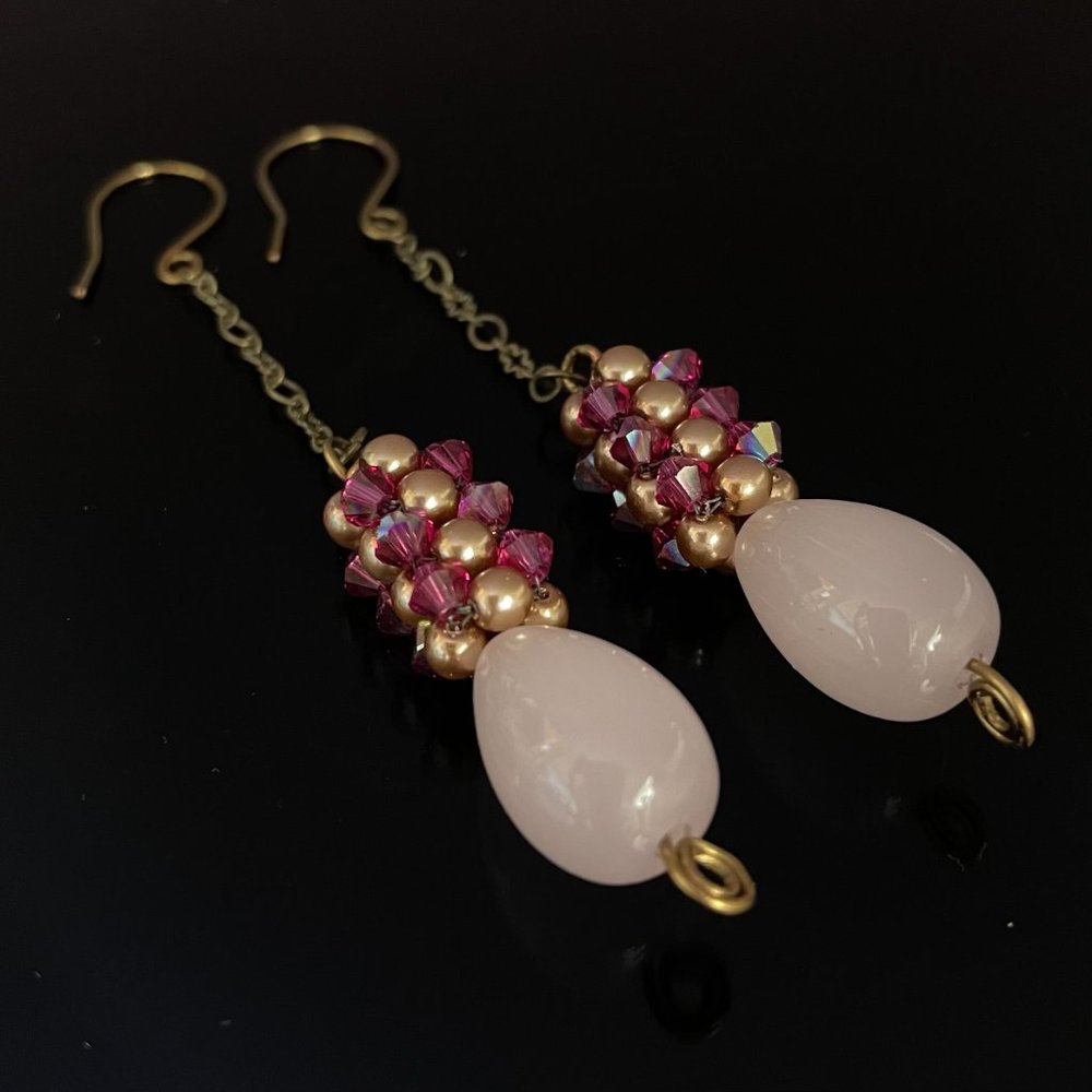 #73 Handmade Pink Swarovski Crystal and Pearls Long Drop Dangle Earrings